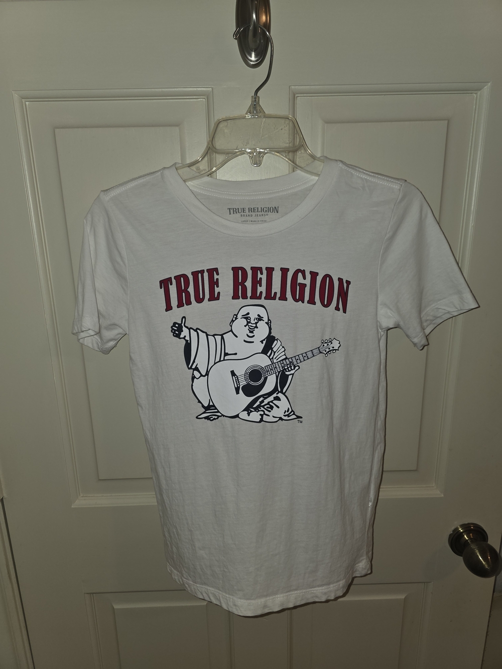 True Religion White Graphic Tee with Buddha & Red Logo